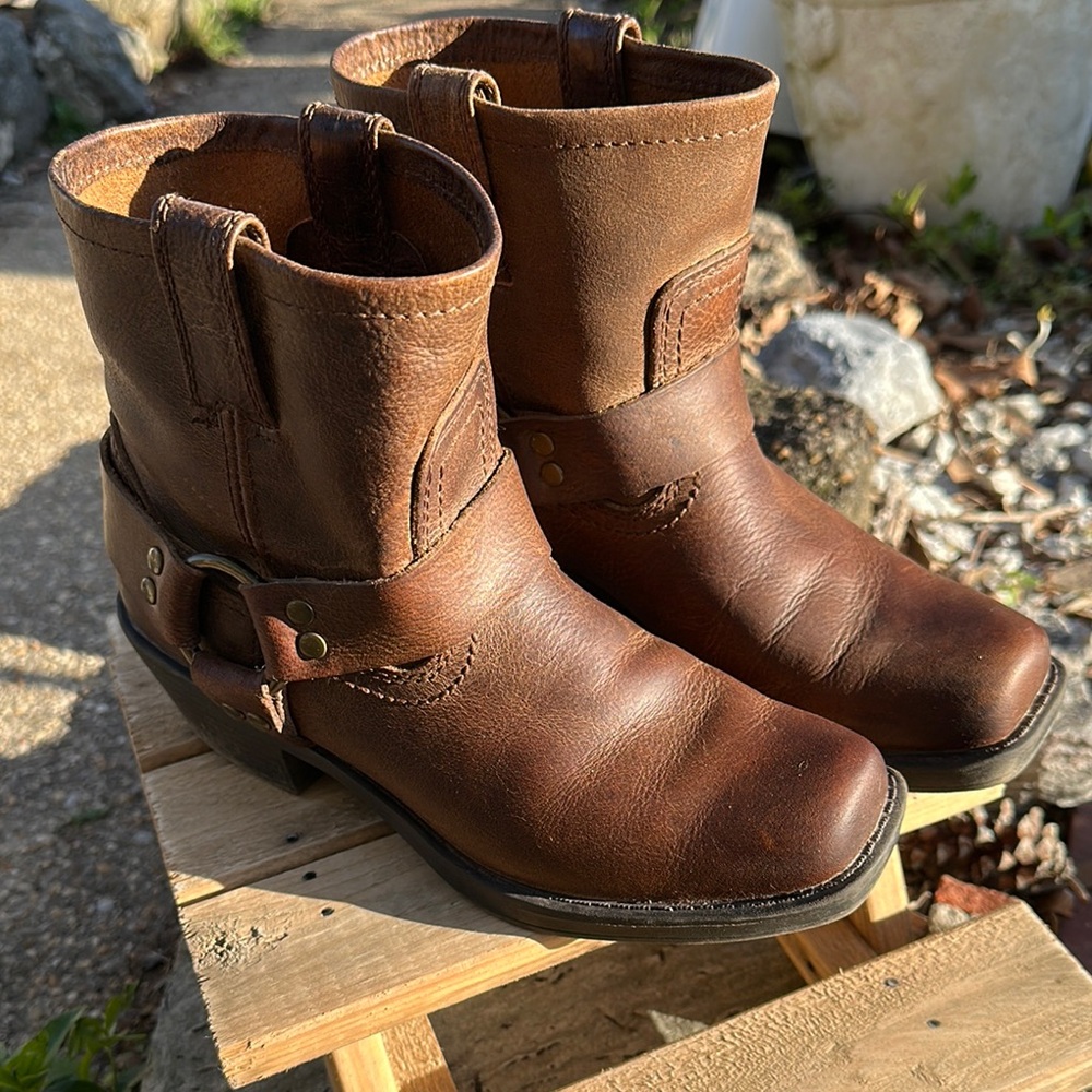 Brown genuine Leather Harness Ankle Boots